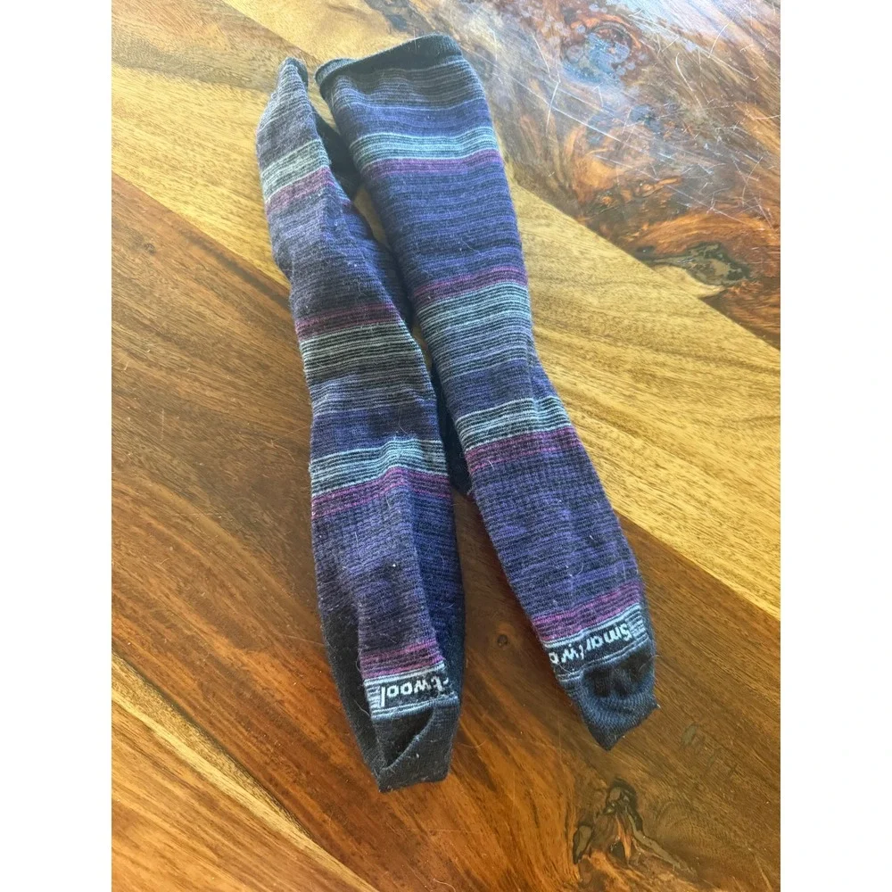 Smartwool Womens Merino Wool Crew Socks Bundle 5 Pairs Striped Blue Purple LG